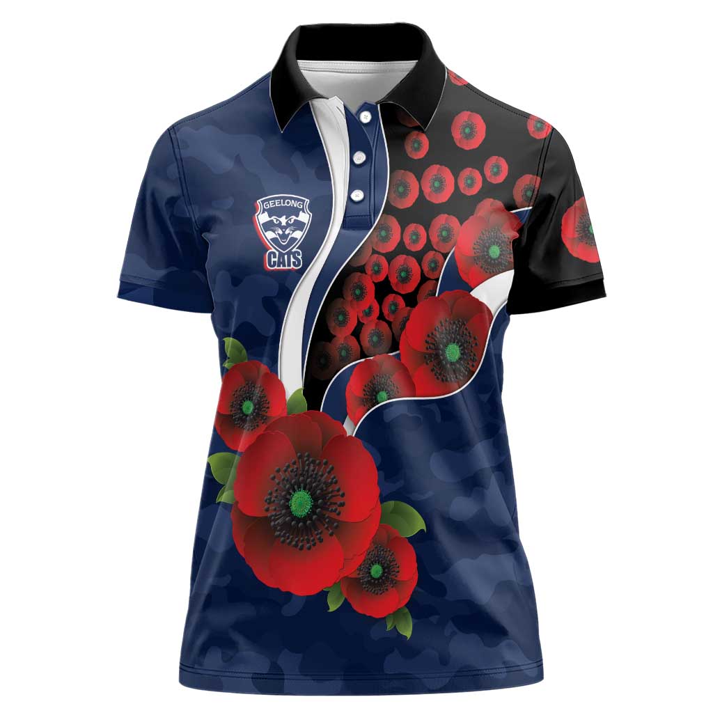 Geelong Cats ANZAC Personalised Women Polo Shirt Lest We Forget Poppy Camo