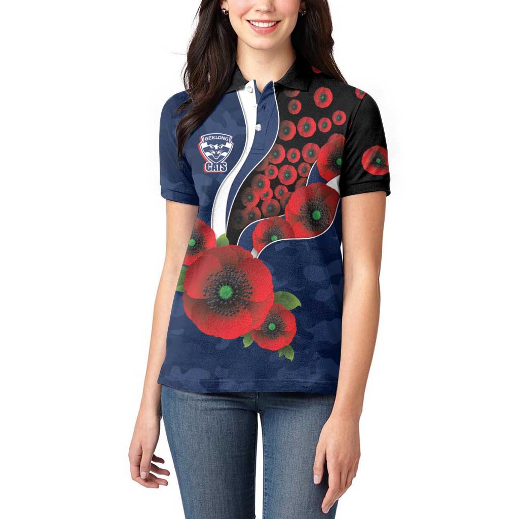 Geelong Cats ANZAC Personalised Women Polo Shirt Lest We Forget Poppy Camo