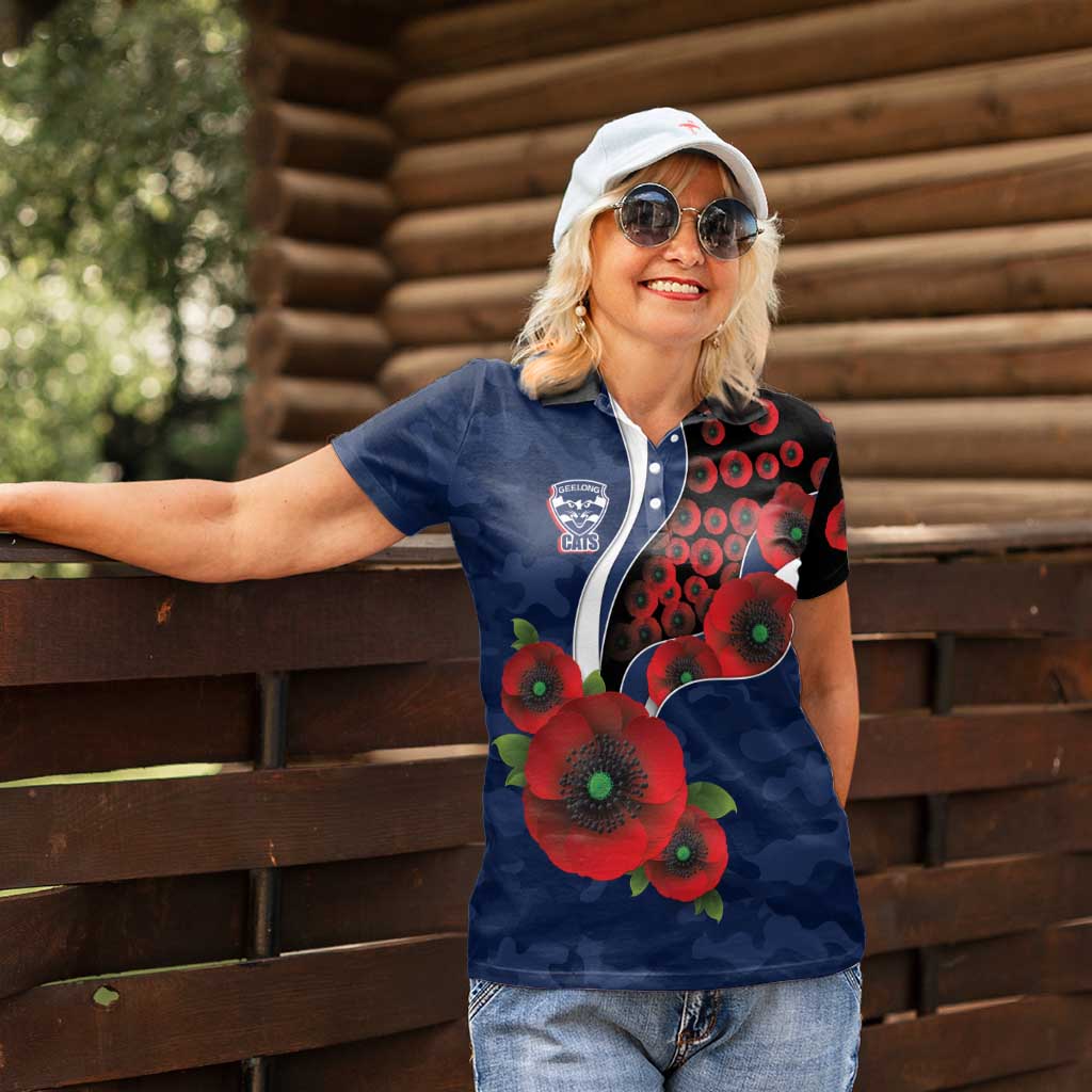 Geelong Cats ANZAC Personalised Women Polo Shirt Lest We Forget Poppy Camo