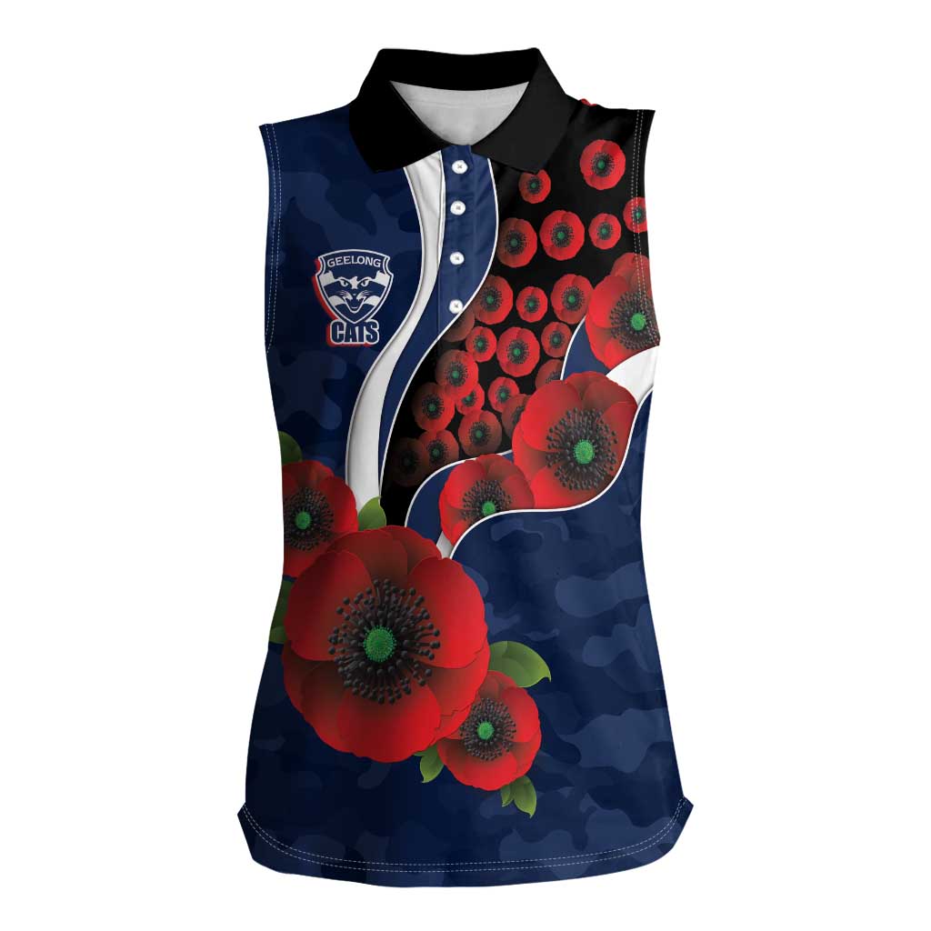 Geelong Cats ANZAC Personalised Women Sleeveless Polo Shirt Lest We Forget Poppy Camo