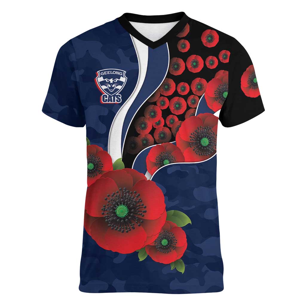 Geelong Cats ANZAC Personalised Women V-Neck T-Shirt Lest We Forget Poppy Camo
