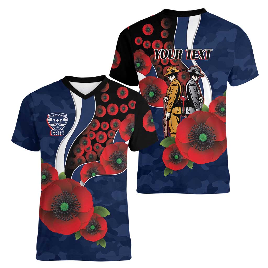 Geelong Cats ANZAC Personalised Women V-Neck T-Shirt Lest We Forget Poppy Camo