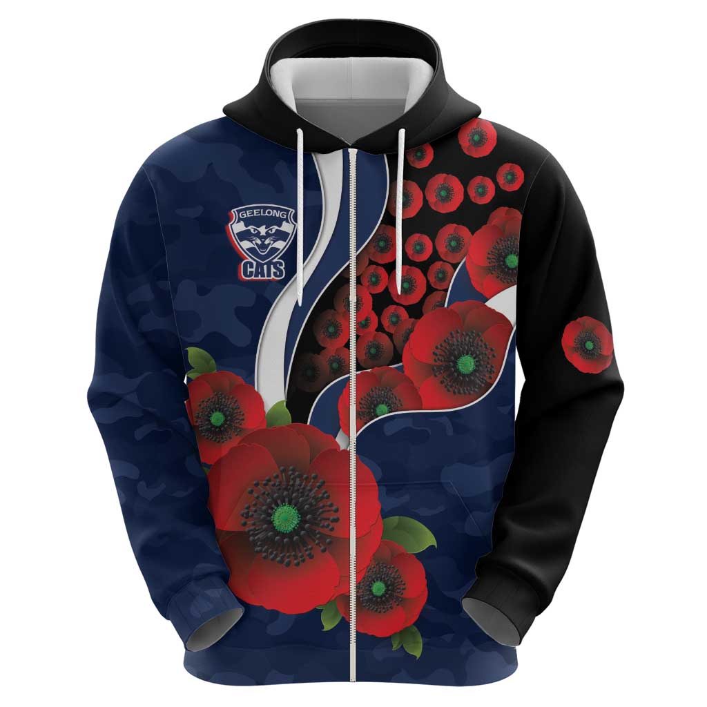 Geelong Cats ANZAC Personalised Zip Hoodie Lest We Forget Poppy Camo