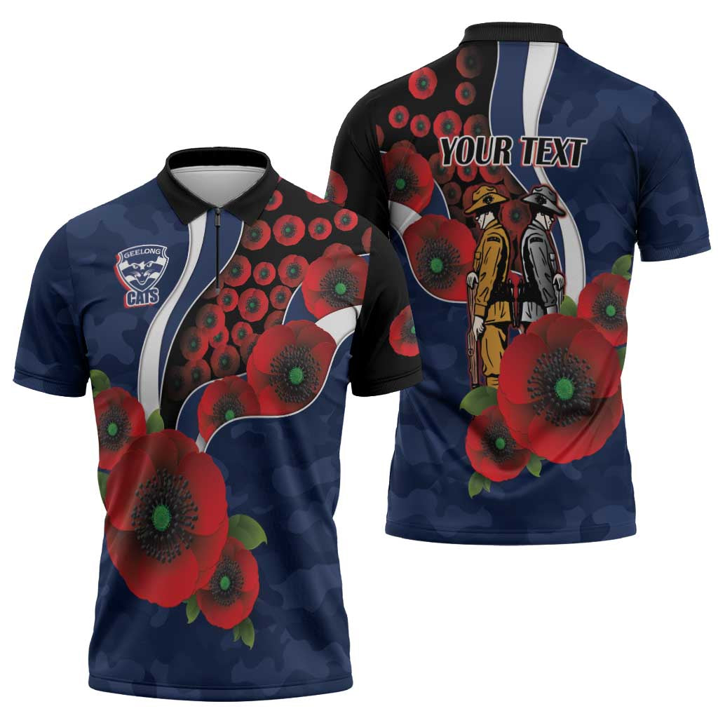 Geelong Cats ANZAC Personalised Zipper Polo Shirt Lest We Forget Poppy Camo