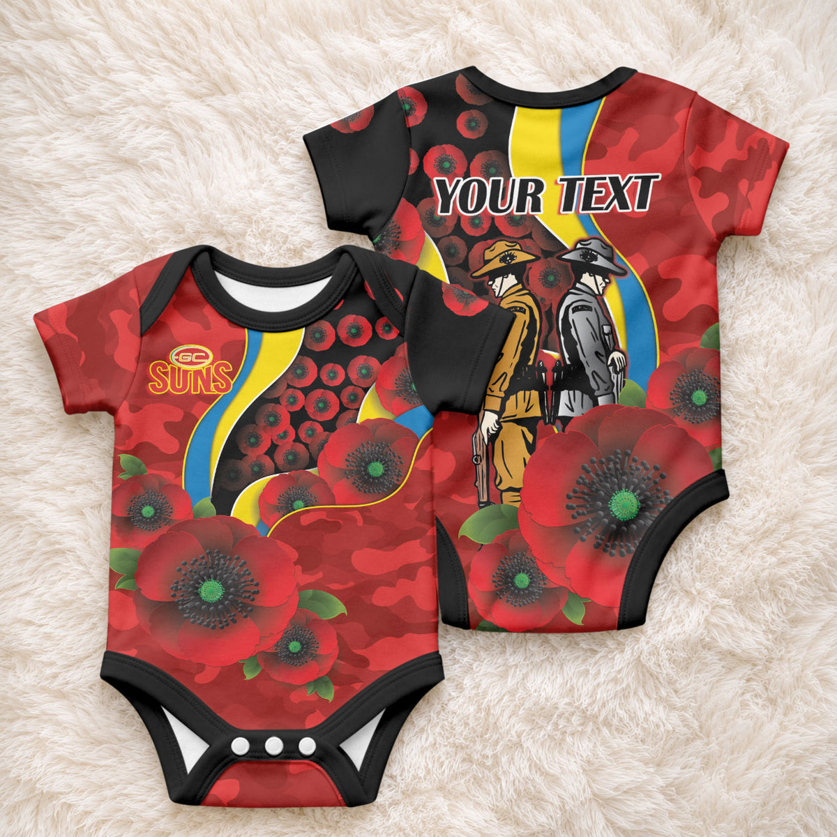 Gold Suns ANZAC Personalised Baby Onesie Lest We Forget Poppy Camo