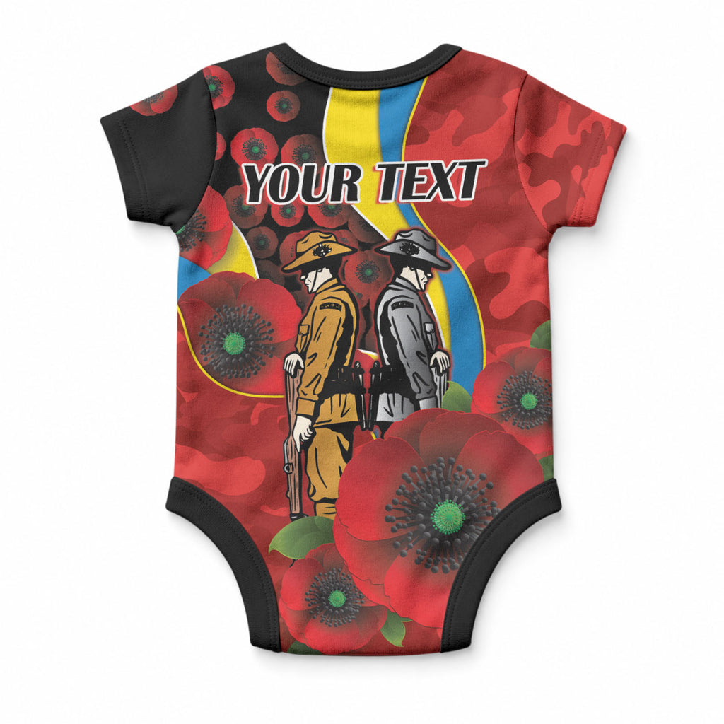Gold Suns ANZAC Personalised Baby Onesie Lest We Forget Poppy Camo