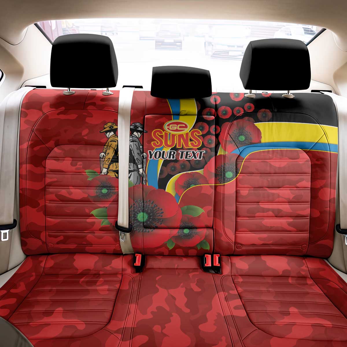 Gold Suns ANZAC Personalised Back Car Seat Cover Lest We Forget Poppy Camo