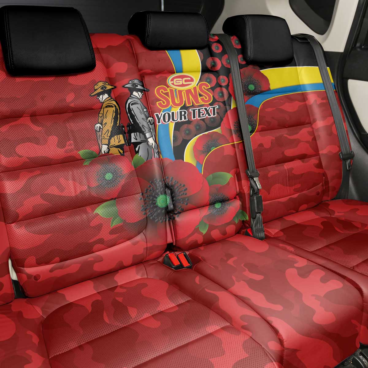 Gold Suns ANZAC Personalised Back Car Seat Cover Lest We Forget Poppy Camo