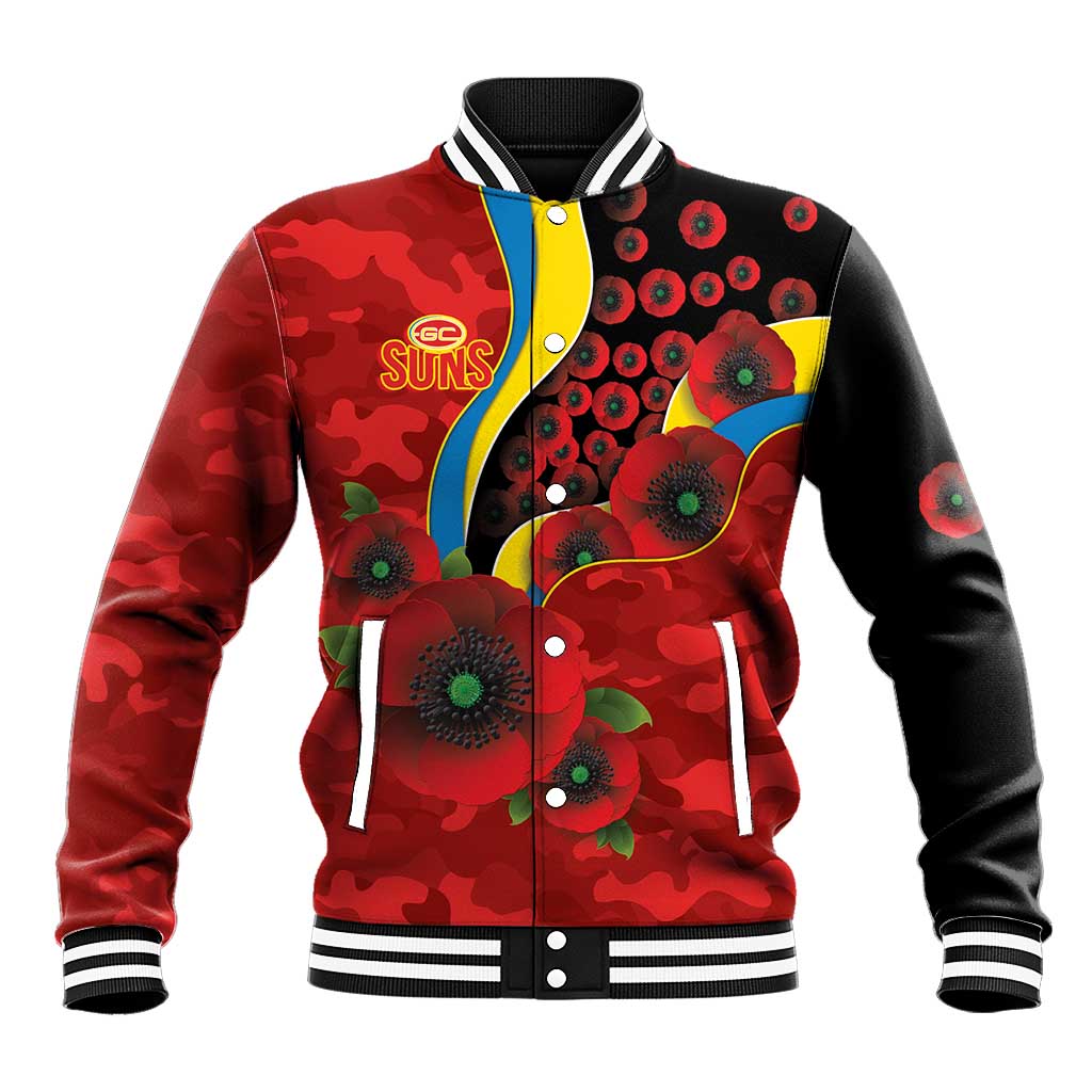 Gold Suns ANZAC Personalised Baseball Jacket Lest We Forget Poppy Camo