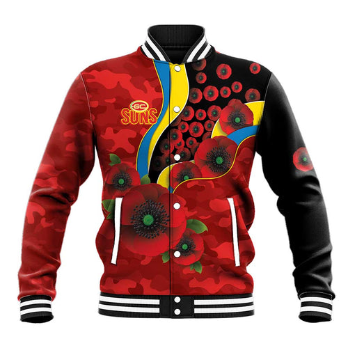 Gold Suns ANZAC Personalised Baseball Jacket Lest We Forget Poppy Camo
