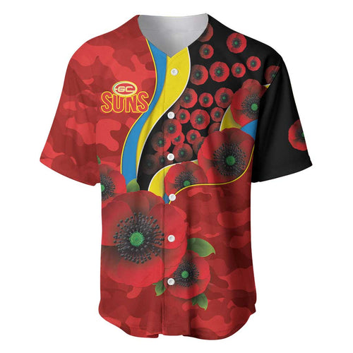 Gold Suns ANZAC Personalised Baseball Jersey Lest We Forget Poppy Camo