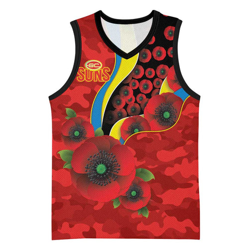 Gold Suns ANZAC Personalised Basketball Jersey Lest We Forget Poppy Camo