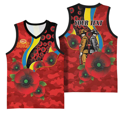 Gold Suns ANZAC Personalised Basketball Jersey Lest We Forget Poppy Camo