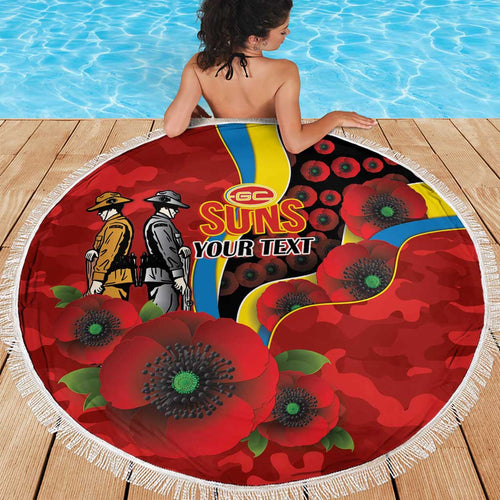 Gold Suns ANZAC Personalised Beach Blanket Lest We Forget Poppy Camo