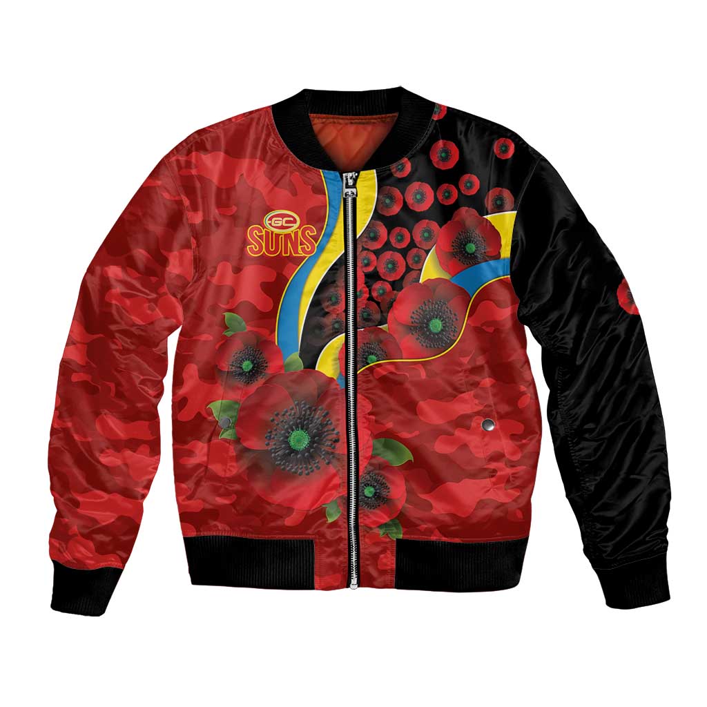 Gold Suns ANZAC Personalised Bomber Jacket Lest We Forget Poppy Camo