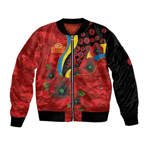 Gold Suns ANZAC Personalised Bomber Jacket Lest We Forget Poppy Camo