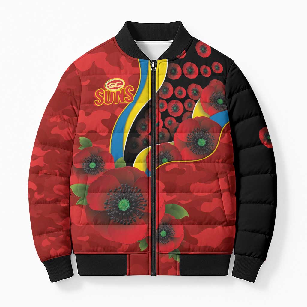 Gold Suns ANZAC Personalised Bomber Puffer Jacket Lest We Forget Poppy Camo