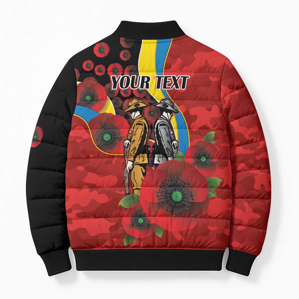 Gold Suns ANZAC Personalised Bomber Puffer Jacket Lest We Forget Poppy Camo