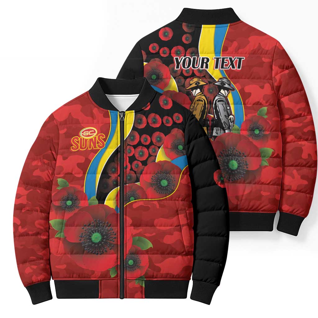 Gold Suns ANZAC Personalised Bomber Puffer Jacket Lest We Forget Poppy Camo