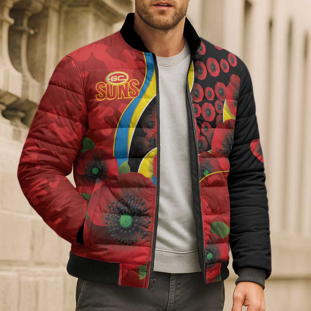 Gold Suns ANZAC Personalised Bomber Puffer Jacket Lest We Forget Poppy Camo