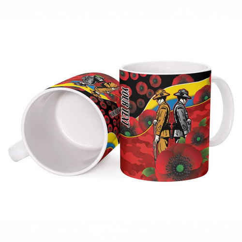 Gold Suns ANZAC Personalised Ceramic Mug Lest We Forget Poppy Camo