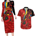 Gold Suns ANZAC Personalised Couples Matching Long Sleeve Bodycon Dress and Hawaiian Shirt Lest We Forget Poppy Camo