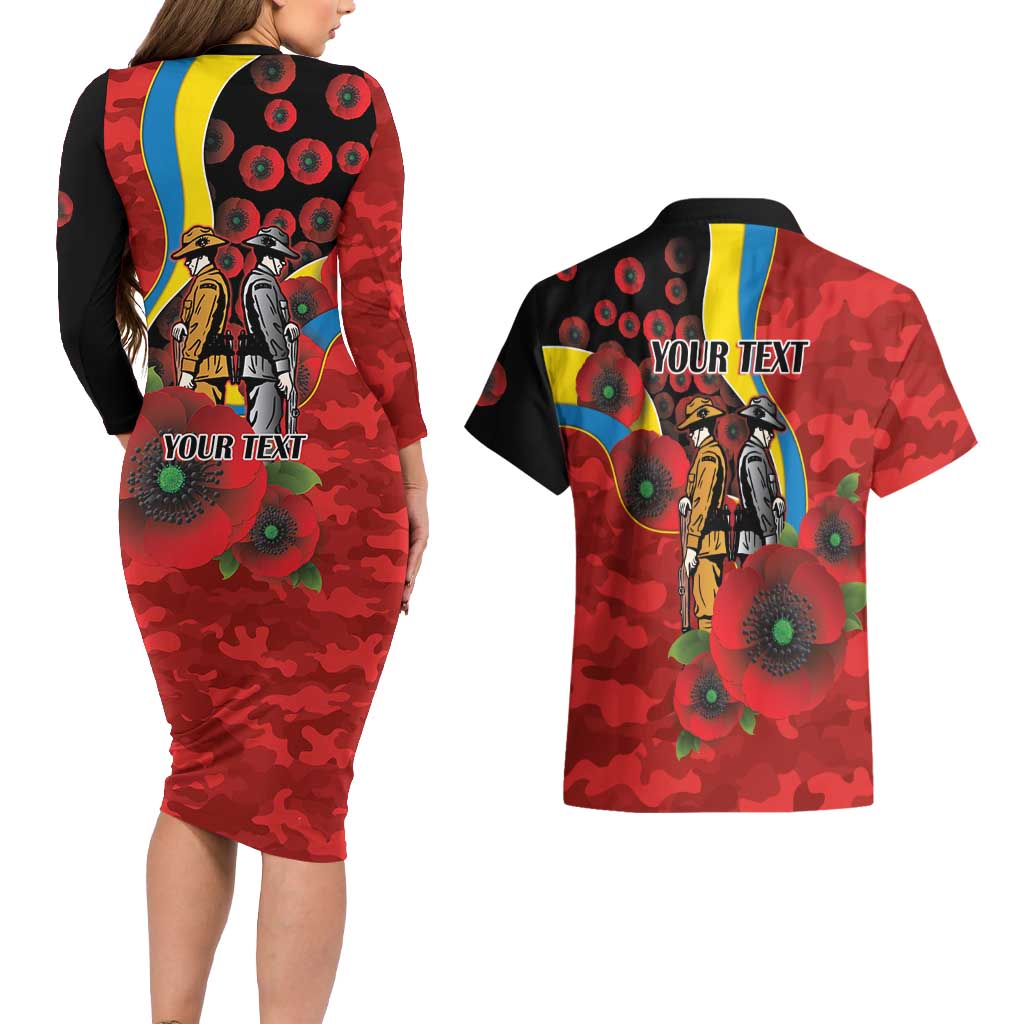 Gold Suns ANZAC Personalised Couples Matching Long Sleeve Bodycon Dress and Hawaiian Shirt Lest We Forget Poppy Camo