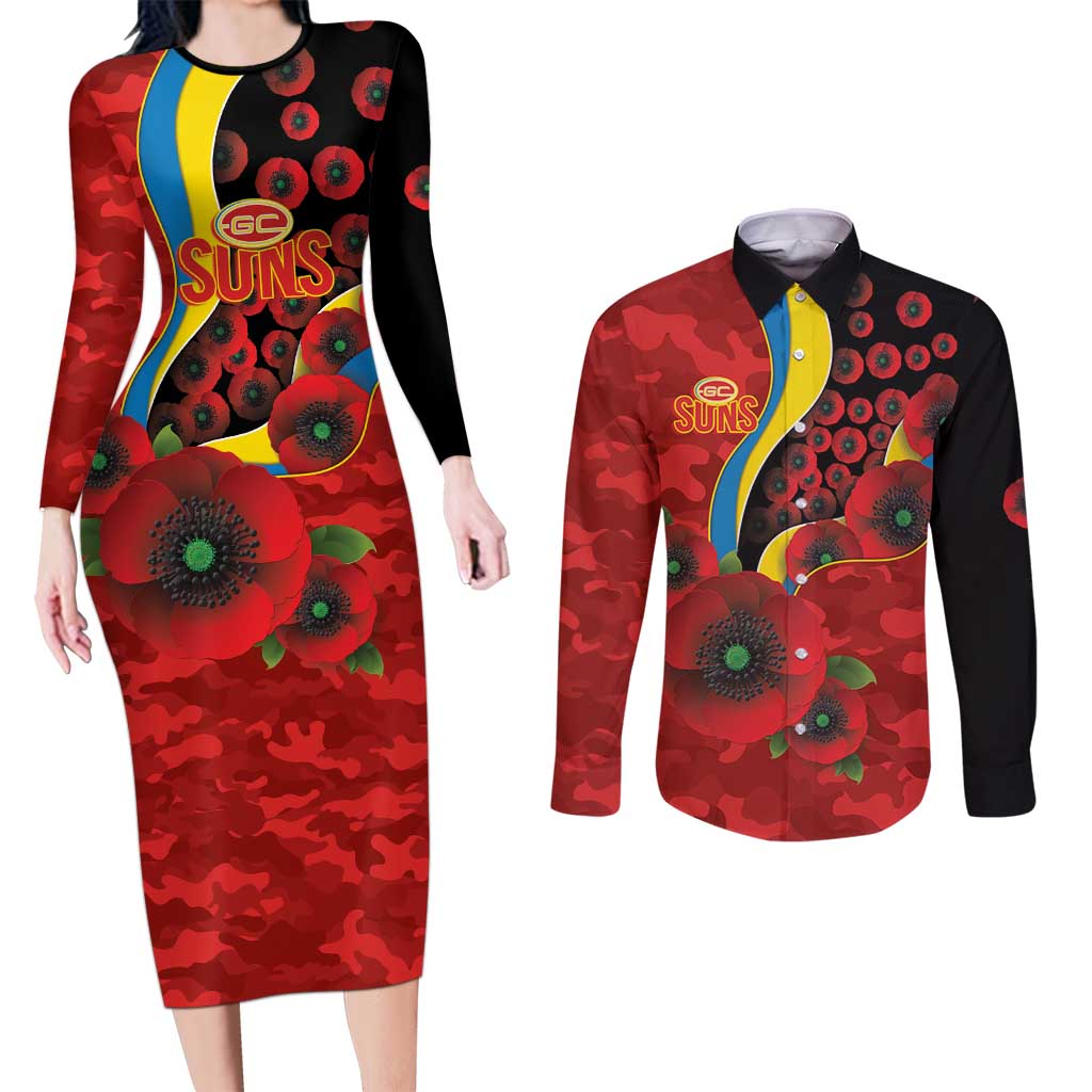 Gold Suns ANZAC Personalised Couples Matching Long Sleeve Bodycon Dress and Long Sleeve Button Shirt Lest We Forget Poppy Camo