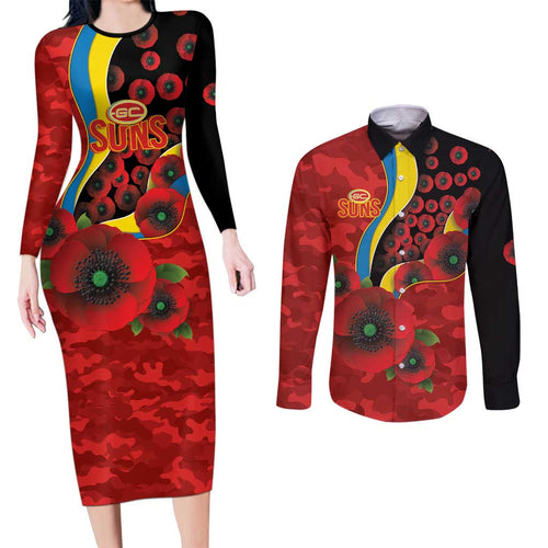 Gold Suns ANZAC Personalised Couples Matching Long Sleeve Bodycon Dress and Long Sleeve Button Shirt Lest We Forget Poppy Camo