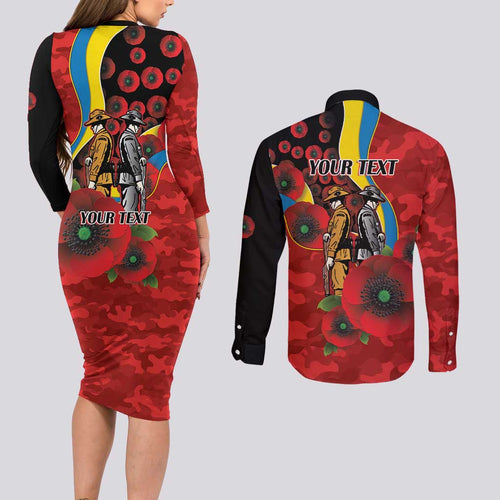 Gold Suns ANZAC Personalised Couples Matching Long Sleeve Bodycon Dress and Long Sleeve Button Shirt Lest We Forget Poppy Camo