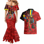 Gold Suns ANZAC Personalised Couples Matching Mermaid Dress and Hawaiian Shirt Lest We Forget Poppy Camo