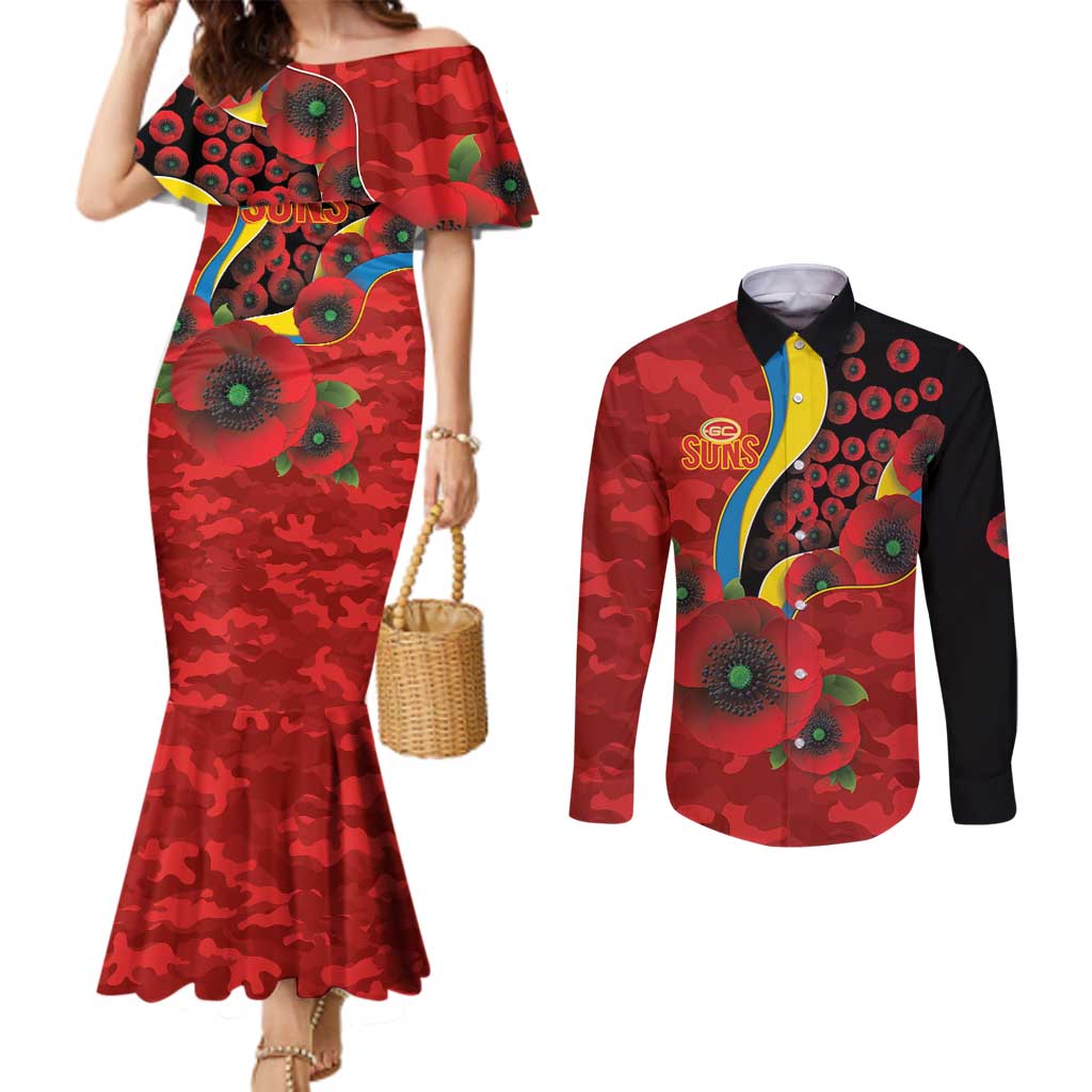 Gold Suns ANZAC Personalised Couples Matching Mermaid Dress and Long Sleeve Button Shirt Lest We Forget Poppy Camo