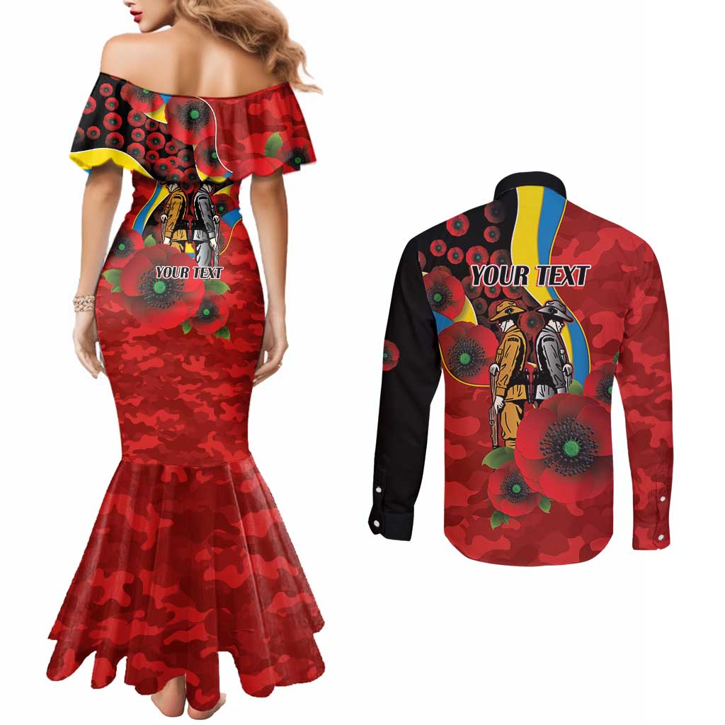 Gold Suns ANZAC Personalised Couples Matching Mermaid Dress and Long Sleeve Button Shirt Lest We Forget Poppy Camo