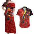 Gold Suns ANZAC Personalised Couples Matching Off Shoulder Maxi Dress and Hawaiian Shirt Lest We Forget Poppy Camo