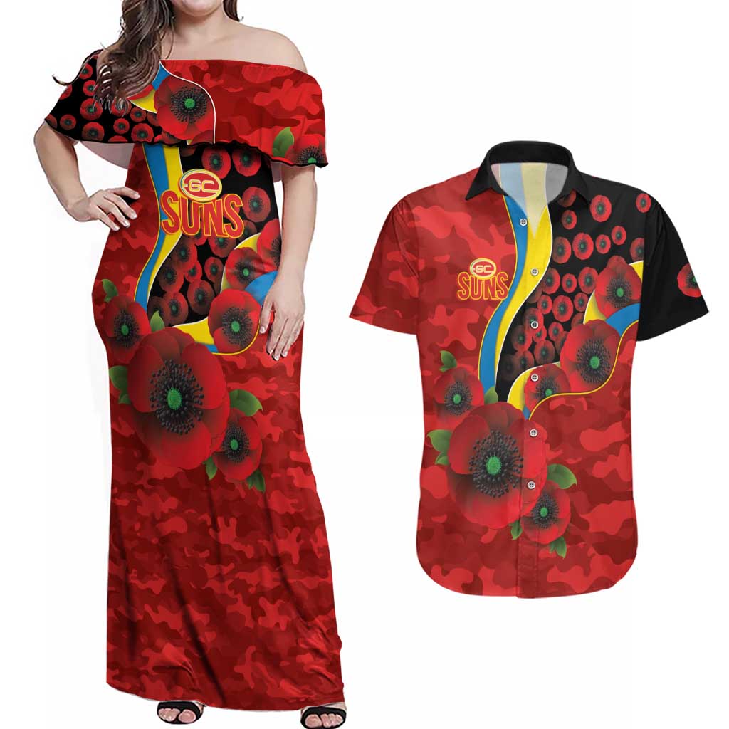 Gold Suns ANZAC Personalised Couples Matching Off Shoulder Maxi Dress and Hawaiian Shirt Lest We Forget Poppy Camo