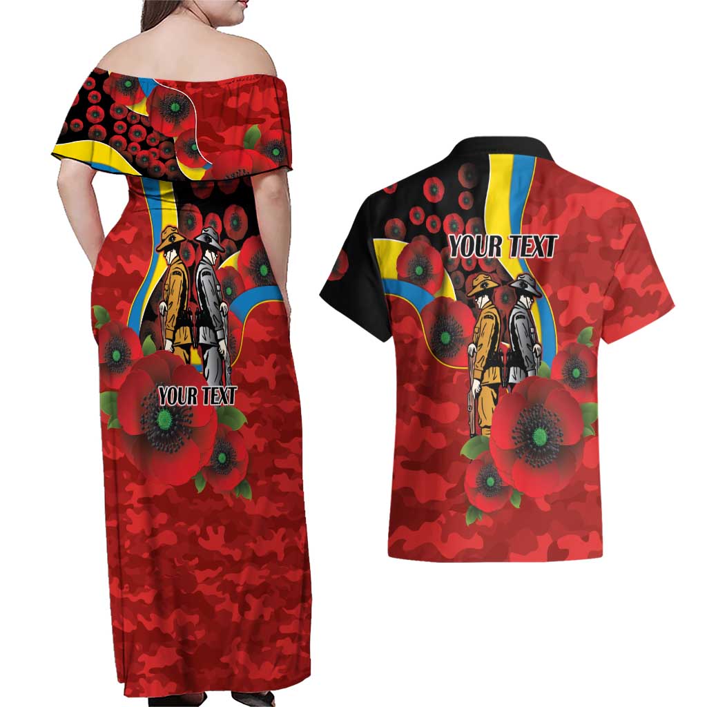 Gold Suns ANZAC Personalised Couples Matching Off Shoulder Maxi Dress and Hawaiian Shirt Lest We Forget Poppy Camo