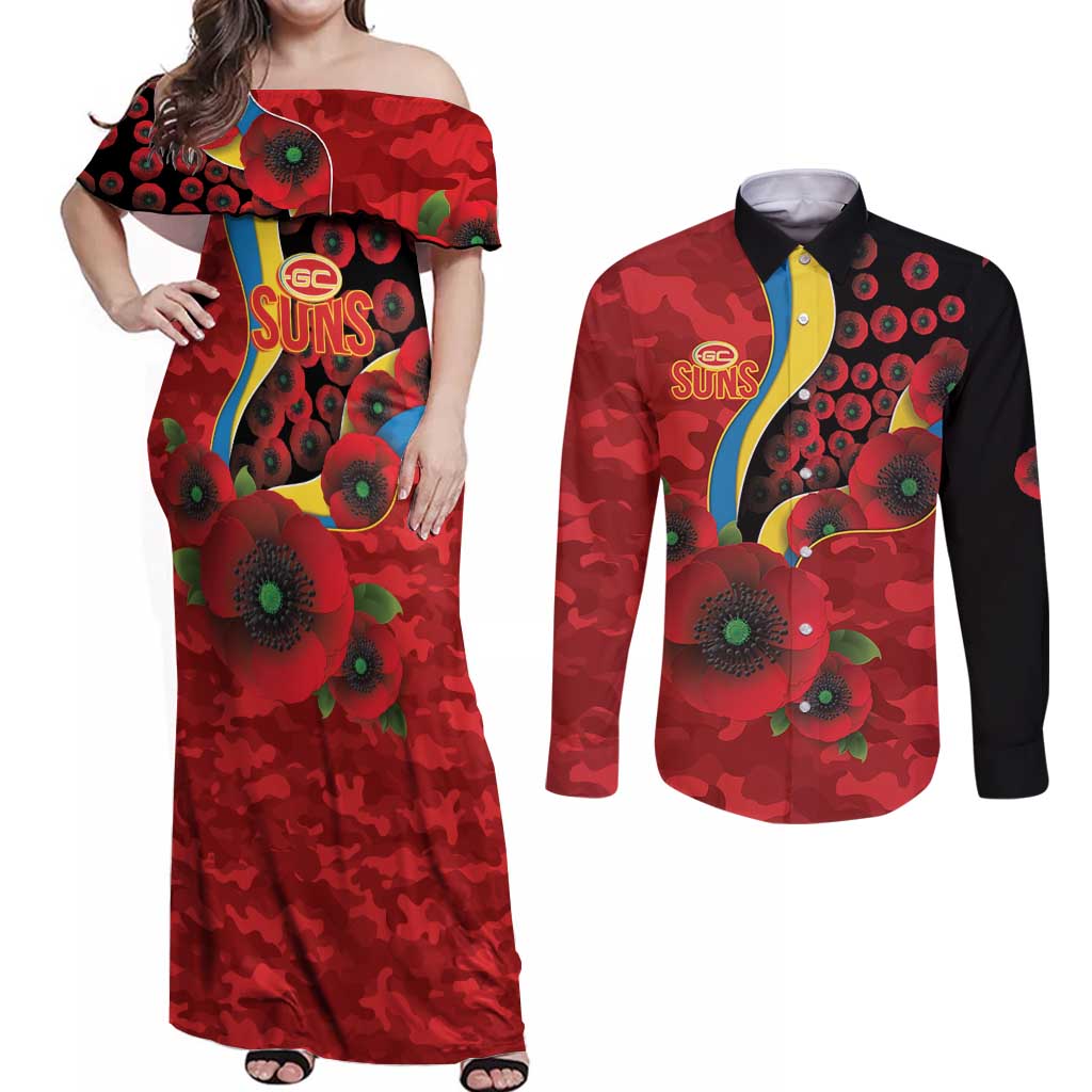 Gold Suns ANZAC Personalised Couples Matching Off Shoulder Maxi Dress and Long Sleeve Button Shirt Lest We Forget Poppy Camo