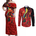 Gold Suns ANZAC Personalised Couples Matching Off Shoulder Maxi Dress and Long Sleeve Button Shirt Lest We Forget Poppy Camo