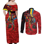 Gold Suns ANZAC Personalised Couples Matching Off Shoulder Maxi Dress and Long Sleeve Button Shirt Lest We Forget Poppy Camo
