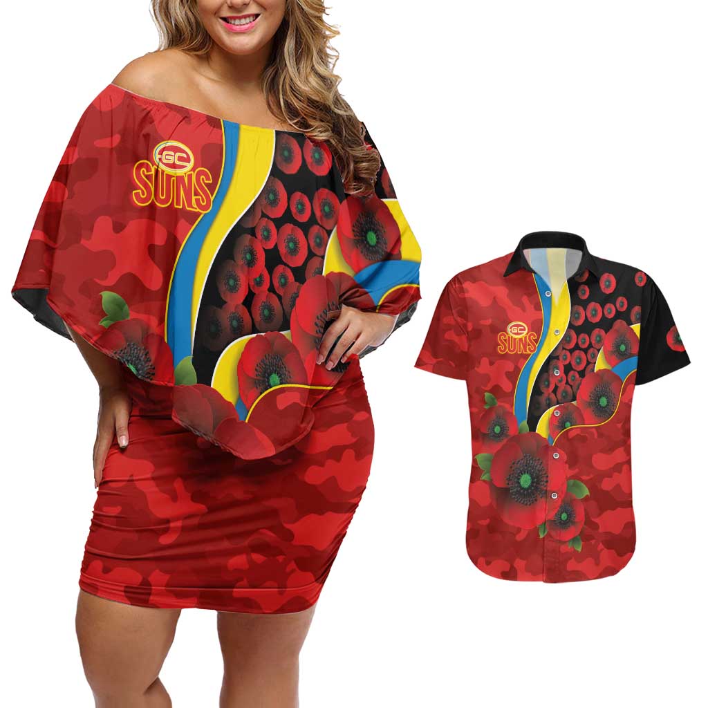 Gold Suns ANZAC Personalised Couples Matching Off Shoulder Short Dress and Hawaiian Shirt Lest We Forget Poppy Camo
