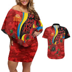 Gold Suns ANZAC Personalised Couples Matching Off Shoulder Short Dress and Hawaiian Shirt Lest We Forget Poppy Camo