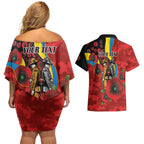Gold Suns ANZAC Personalised Couples Matching Off Shoulder Short Dress and Hawaiian Shirt Lest We Forget Poppy Camo