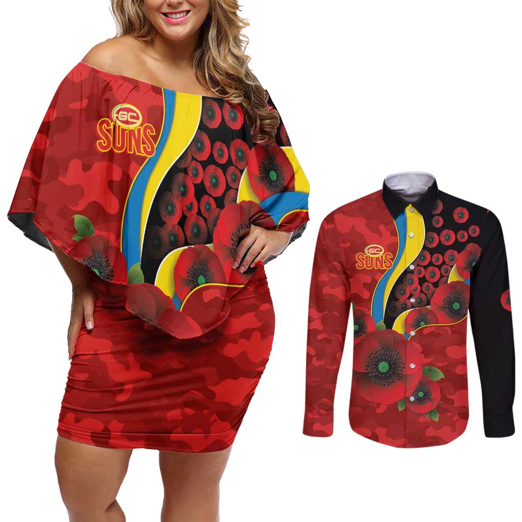 Gold Suns ANZAC Personalised Couples Matching Off Shoulder Short Dress and Long Sleeve Button Shirt Lest We Forget Poppy Camo