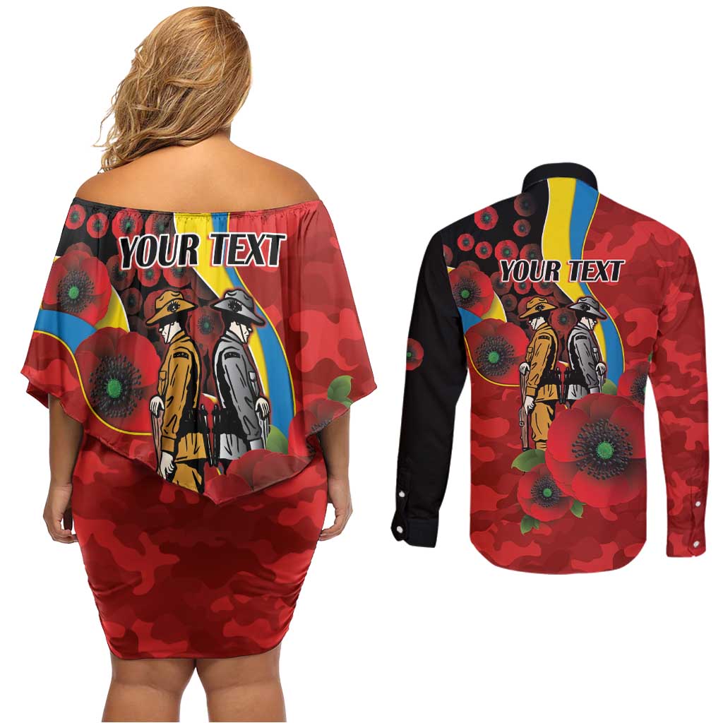 Gold Suns ANZAC Personalised Couples Matching Off Shoulder Short Dress and Long Sleeve Button Shirt Lest We Forget Poppy Camo