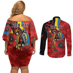 Gold Suns ANZAC Personalised Couples Matching Off Shoulder Short Dress and Long Sleeve Button Shirt Lest We Forget Poppy Camo