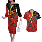 Gold Suns ANZAC Personalised Couples Matching Off The Shoulder Long Sleeve Dress and Hawaiian Shirt Lest We Forget Poppy Camo