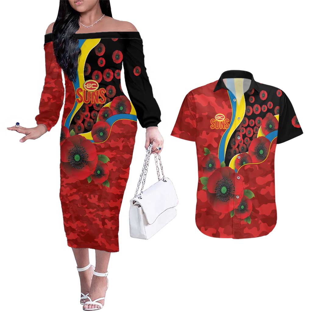 Gold Suns ANZAC Personalised Couples Matching Off The Shoulder Long Sleeve Dress and Hawaiian Shirt Lest We Forget Poppy Camo