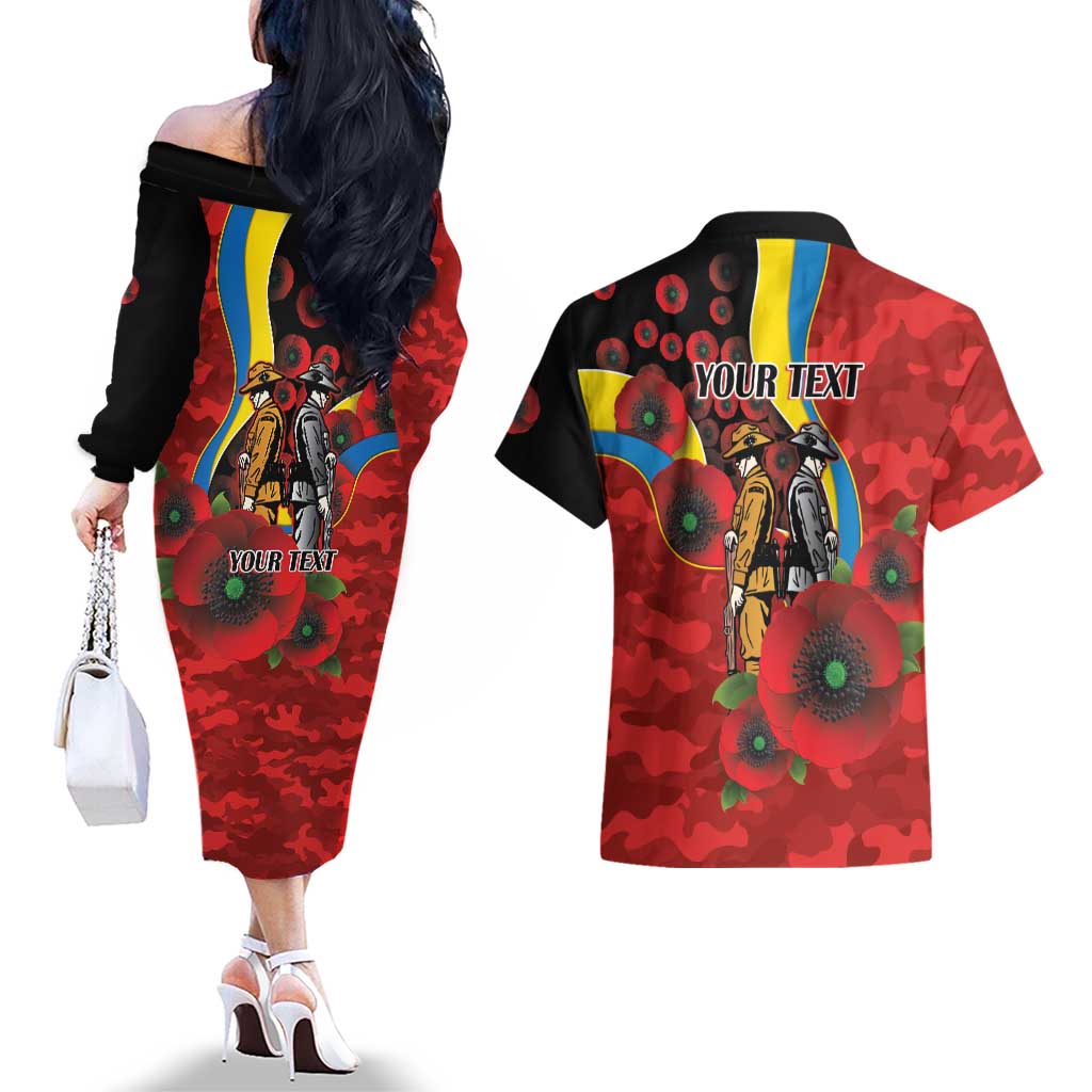 Gold Suns ANZAC Personalised Couples Matching Off The Shoulder Long Sleeve Dress and Hawaiian Shirt Lest We Forget Poppy Camo