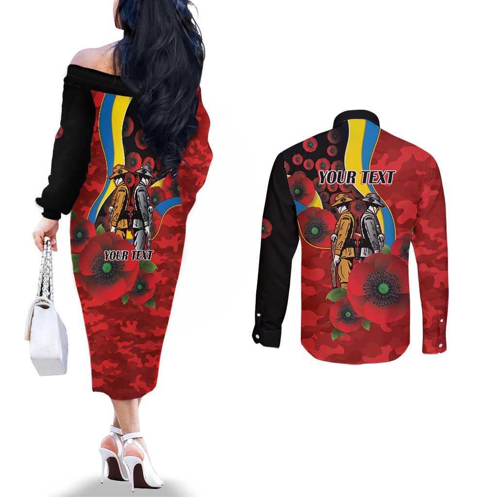 Gold Suns ANZAC Personalised Couples Matching Off The Shoulder Long Sleeve Dress and Long Sleeve Button Shirt Lest We Forget Poppy Camo