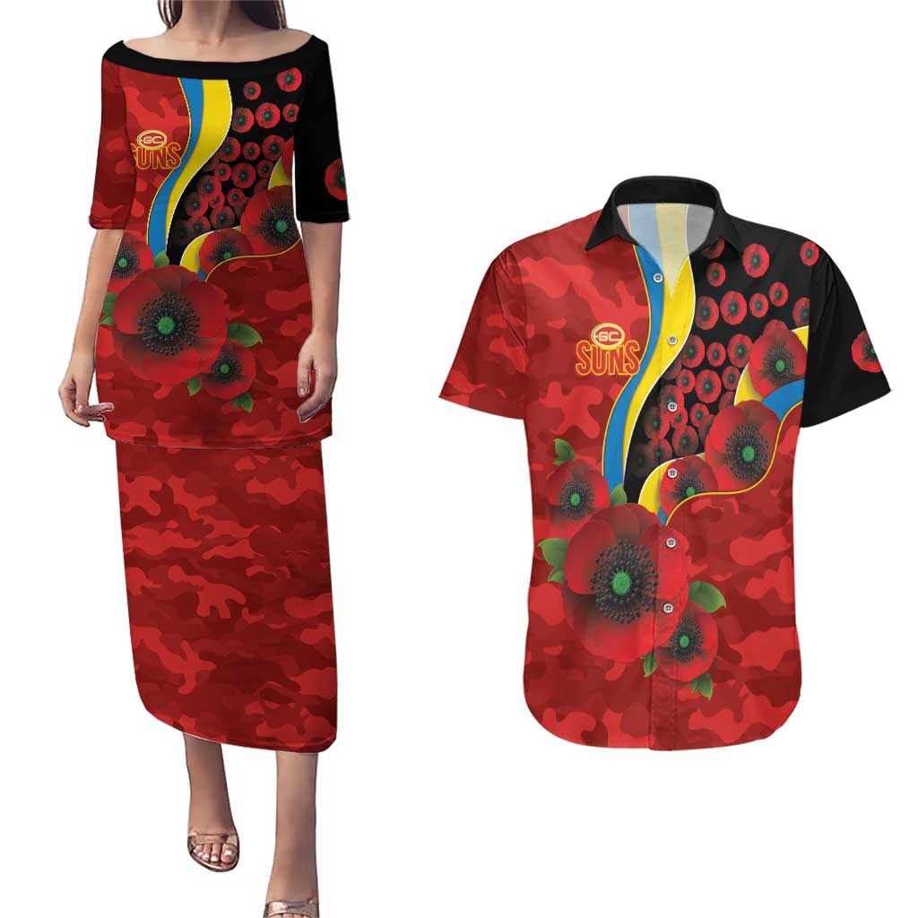 Gold Suns ANZAC Personalised Couples Matching Puletasi and Hawaiian Shirt Lest We Forget Poppy Camo